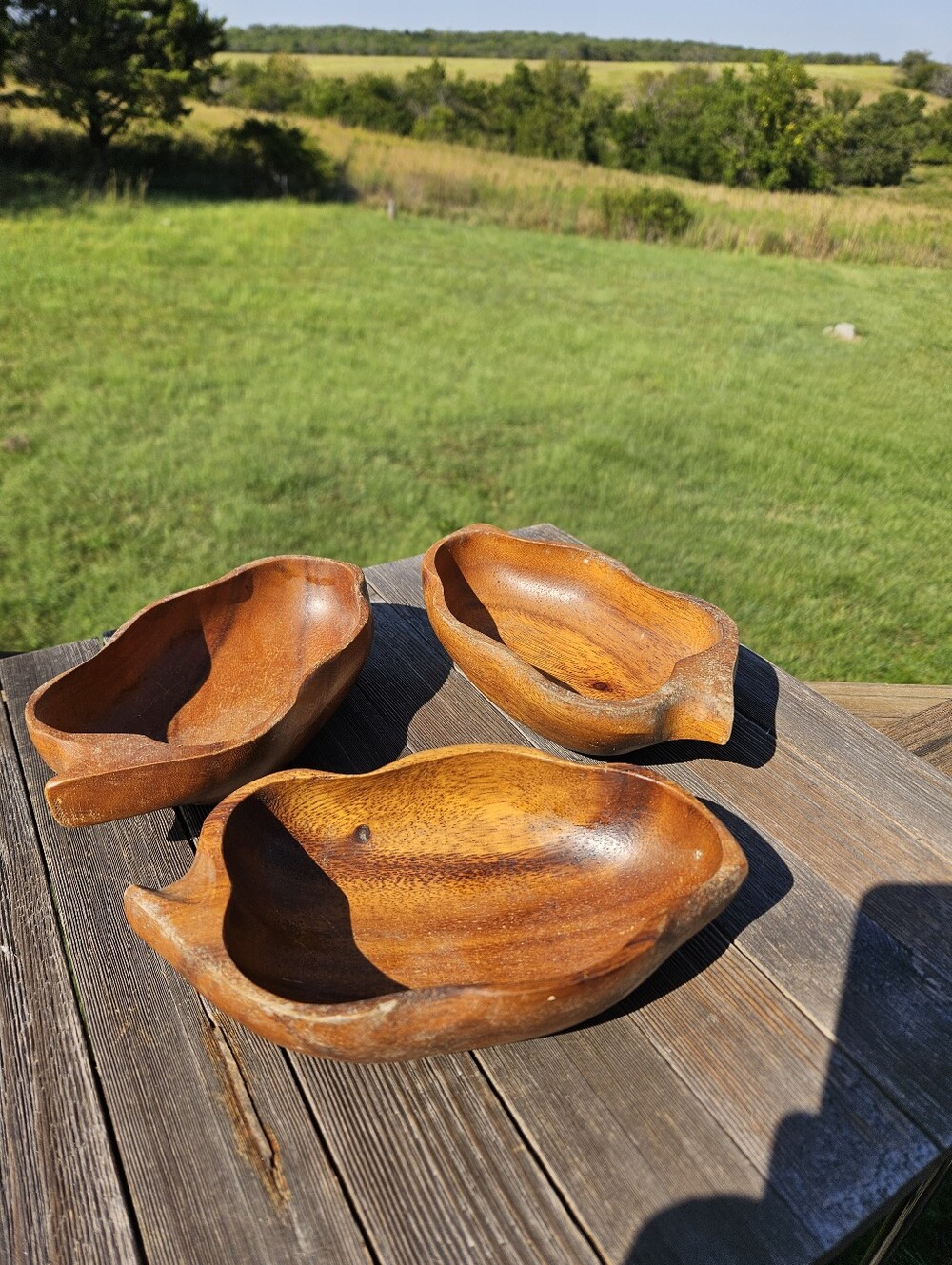 Vintage Monkey Pod Wood Leaf Bowls Set of 3 Hand Carved Philippines MCM Boho